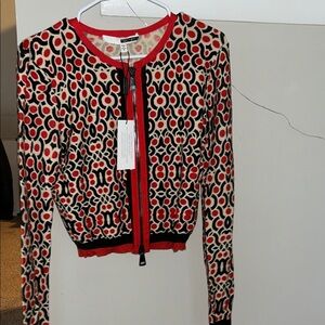 Tracy Reese Vibrant Red and Black Geometric Cardigan